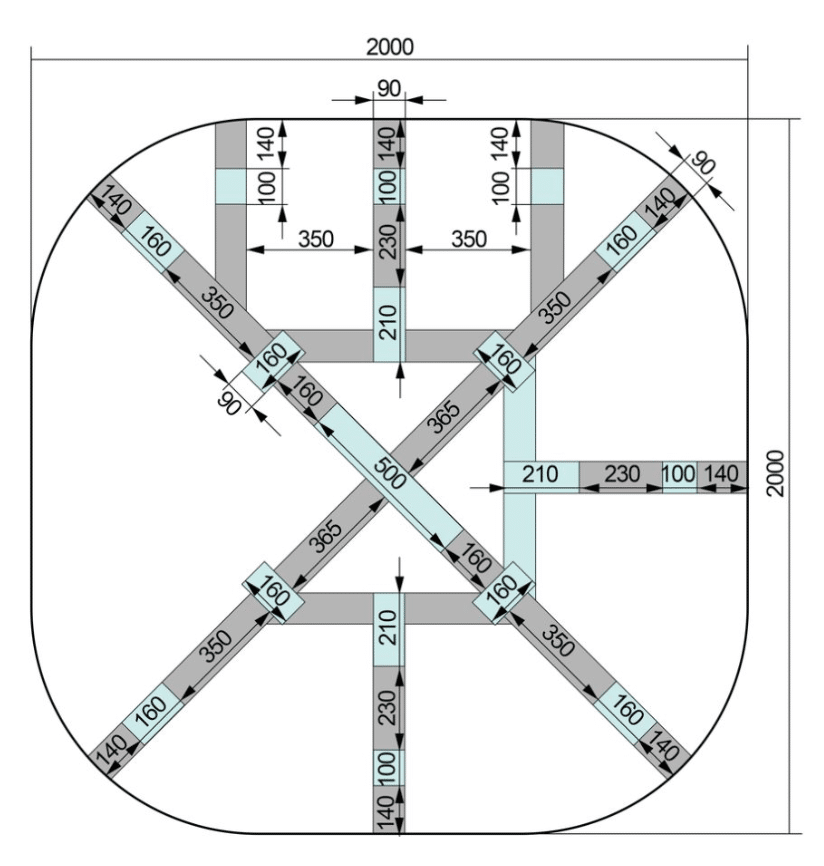 Kontaktní body zobrazené na spodní konstrukci čtvercového koupacího sudu Gardenvity pro 8 osob.